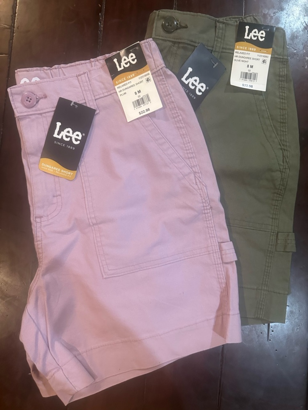 Lee NWT Lot of 2 Dungaree Shorts, Lavender & Olive Green